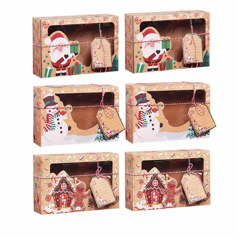 3/6/9/12Pcs Kraft Paper Candy Boxes Merry Christmas Cookie Gift Box Clear Window Packaging Bag Party Favor New Year Decoration
