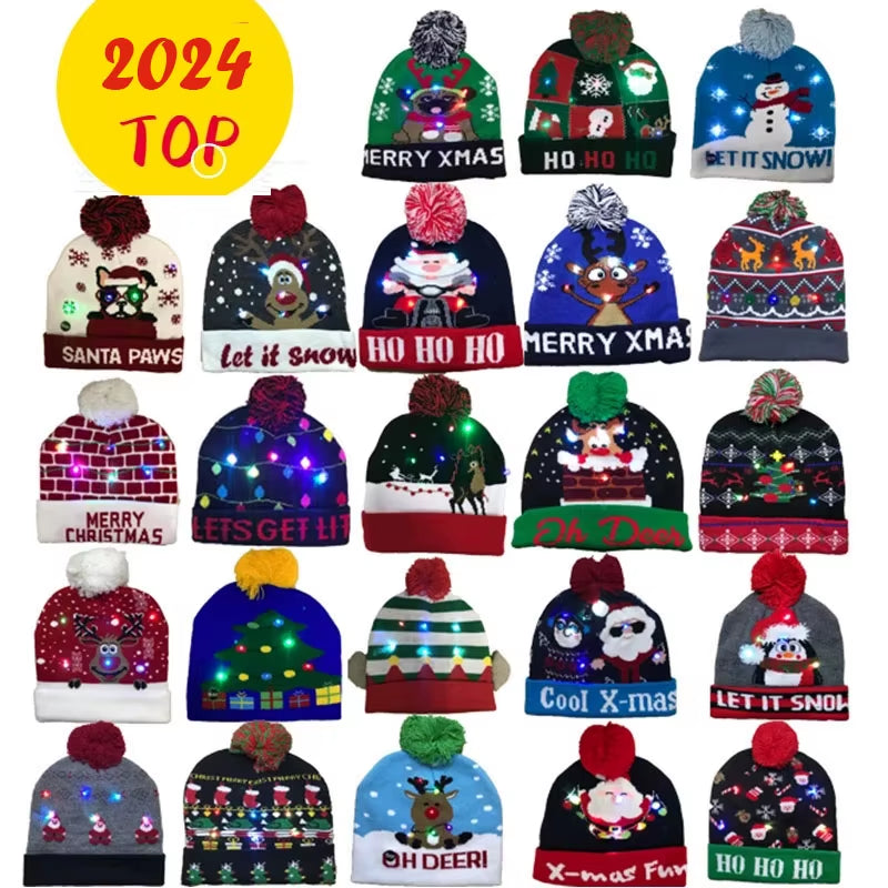 Knitted LED Christmas Hat Beanie Light up Illuminate Warm Hat Christmas Tree Snowman Kids Adults New Year Christmas Decor