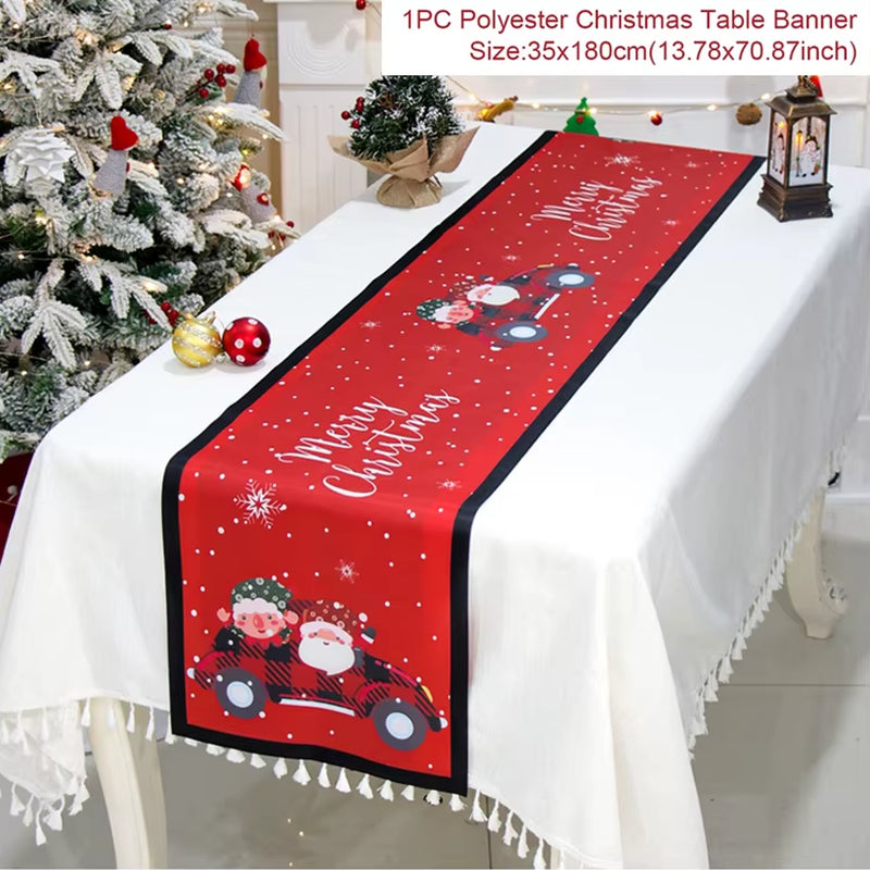 Christmas Table Runner Polyester Xmas Table Flag Cover 2024 Merry Christmas Decorations for Home 2025 New Year Tablecloth