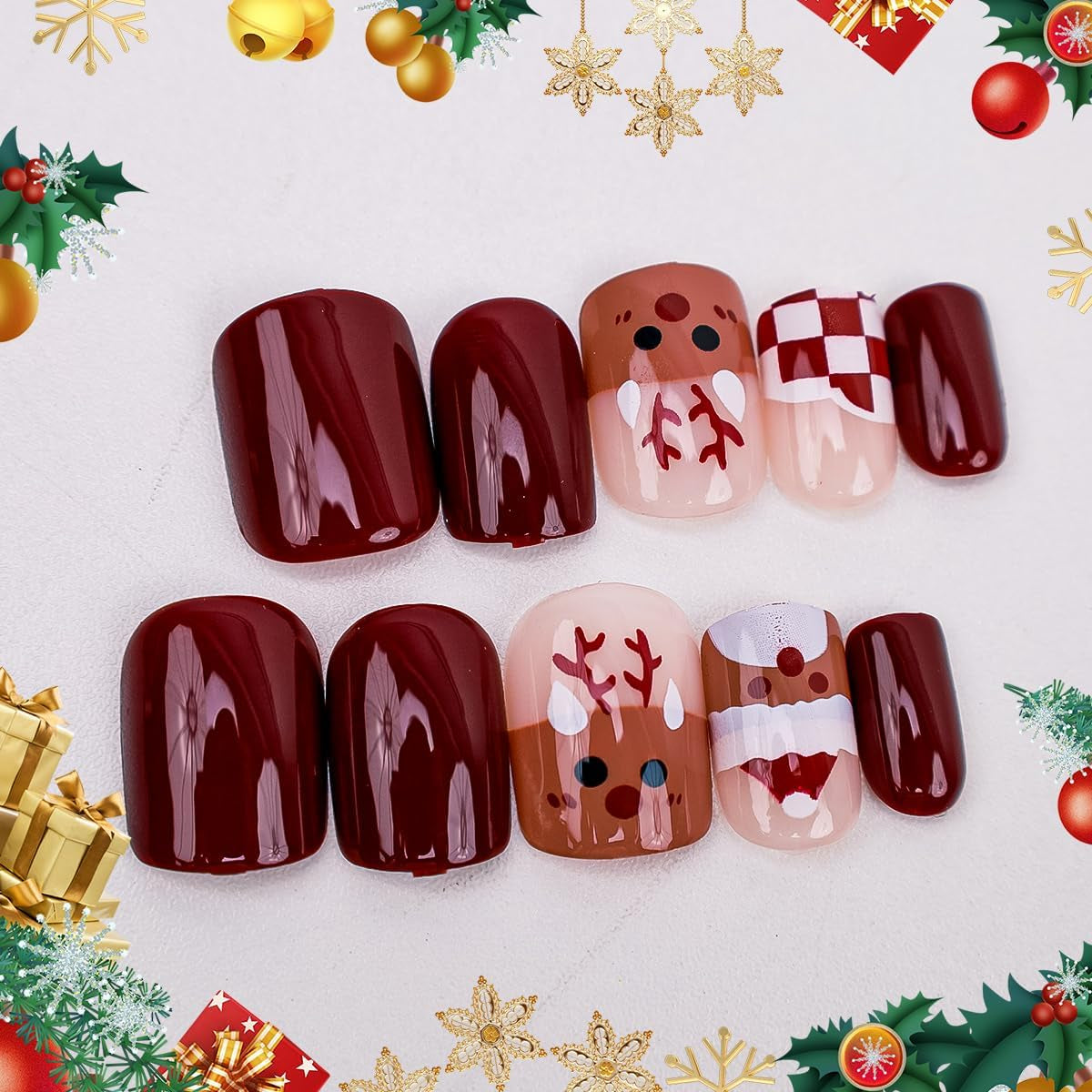 Christmas Press on Nails 24Pcs Xmas Short Pattern Elk Fake Nails with Design Full Cover False Nails Red Acrylic Nails for Women Girls