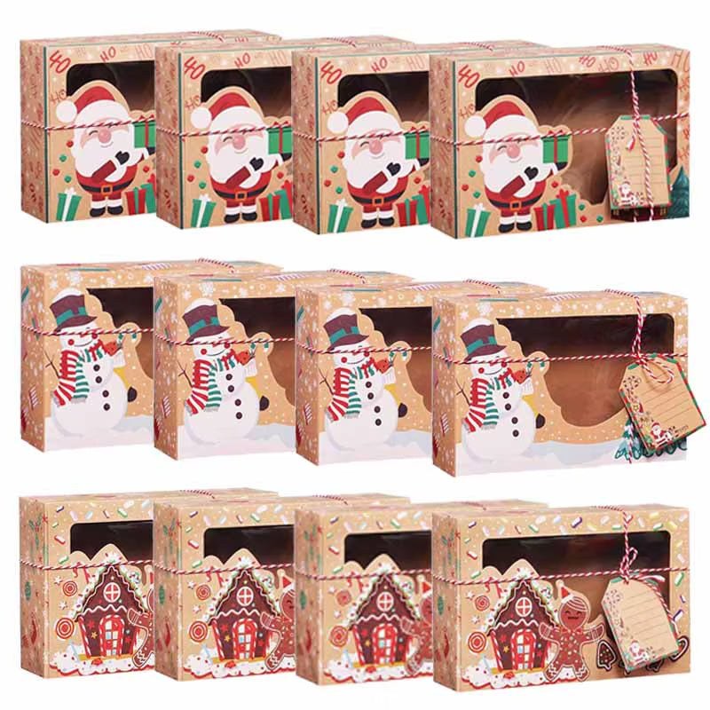 3/6/9/12Pcs Kraft Paper Candy Boxes Merry Christmas Cookie Gift Box Clear Window Packaging Bag Party Favor New Year Decoration