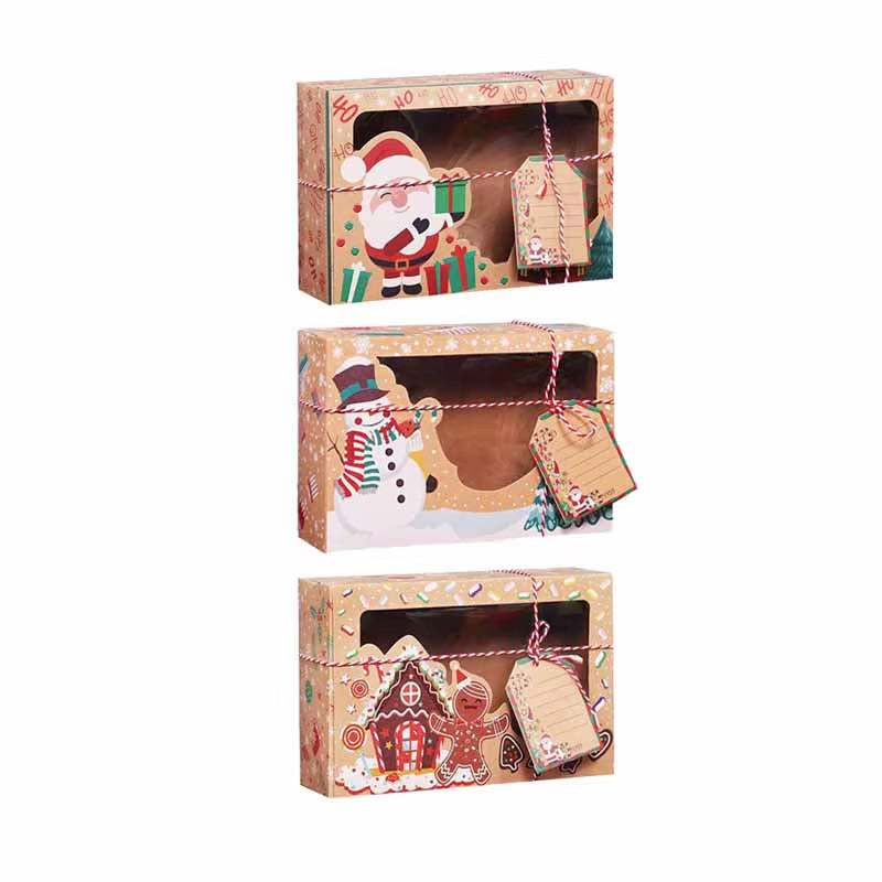 3/6/9/12Pcs Kraft Paper Candy Boxes Merry Christmas Cookie Gift Box Clear Window Packaging Bag Party Favor New Year Decoration