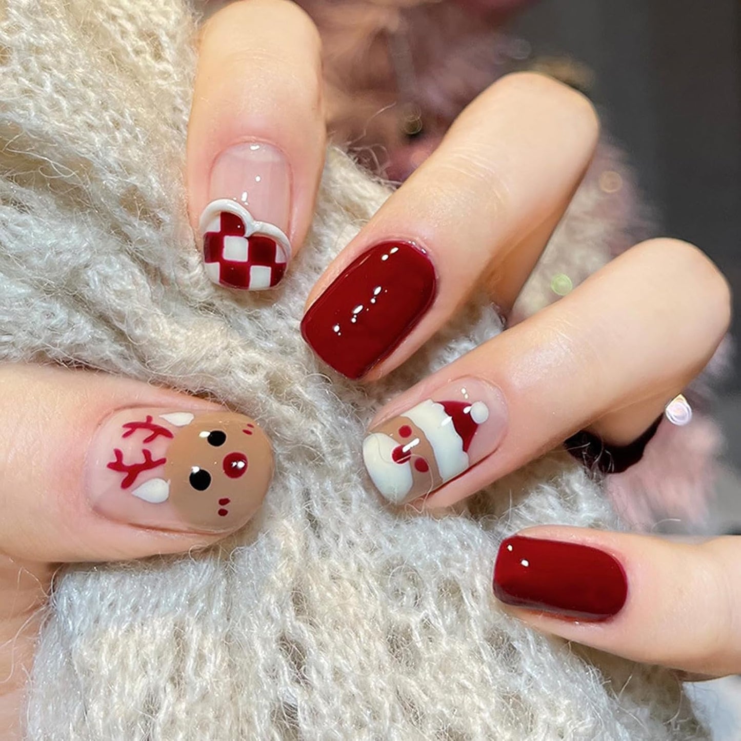 Christmas Press on Nails 24Pcs Xmas Short Pattern Elk Fake Nails with Design Full Cover False Nails Red Acrylic Nails for Women Girls