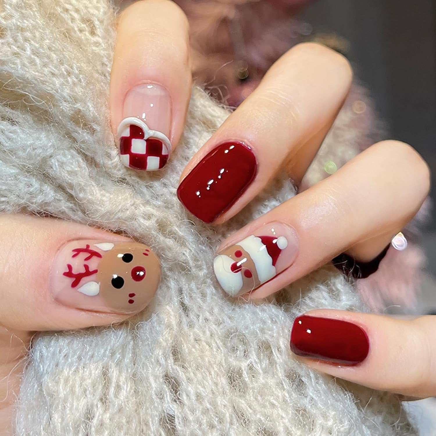 Christmas Press on Nails 24Pcs Xmas Short Pattern Elk Fake Nails with Design Full Cover False Nails Red Acrylic Nails for Women Girls