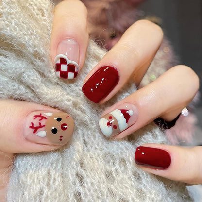 Christmas Press on Nails 24Pcs Xmas Short Pattern Elk Fake Nails with Design Full Cover False Nails Red Acrylic Nails for Women Girls