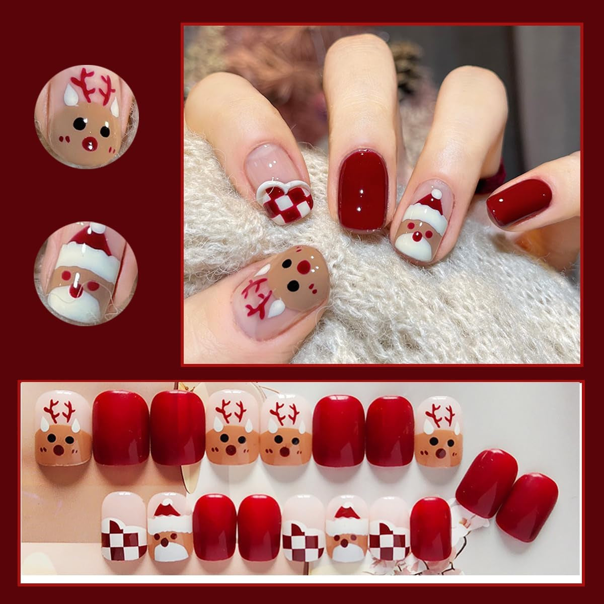 Christmas Press on Nails 24Pcs Xmas Short Pattern Elk Fake Nails with Design Full Cover False Nails Red Acrylic Nails for Women Girls