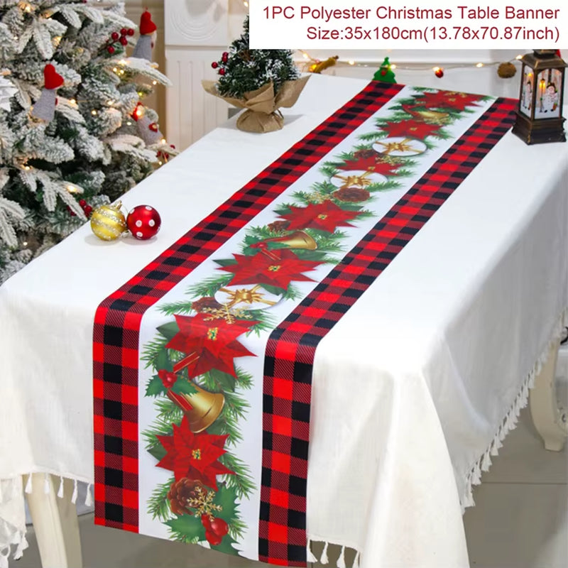 Christmas Table Runner Polyester Xmas Table Flag Cover 2024 Merry Christmas Decorations for Home 2025 New Year Tablecloth