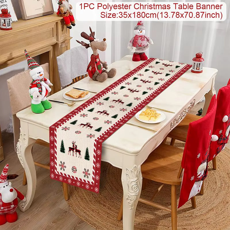 Christmas Table Runner Polyester Xmas Table Flag Cover 2024 Merry Christmas Decorations for Home 2025 New Year Tablecloth