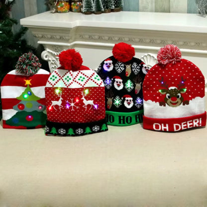 Knitted LED Christmas Hat Beanie Light up Illuminate Warm Hat Christmas Tree Snowman Kids Adults New Year Christmas Decor