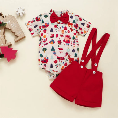My First Christmas Baby Boy Christmas Outfits Cartoon Fox Deer Romper+Overalls Carnival New Year Clothes for Newborns