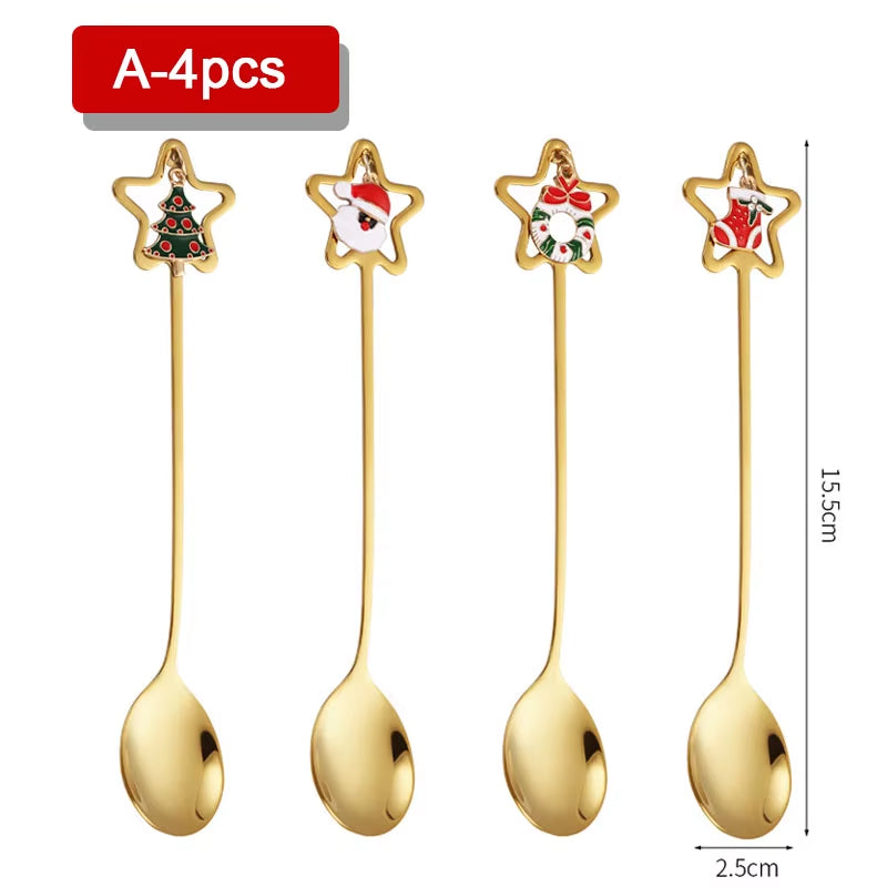 4PCS Christmas Coffee Spoons Set Gold Christmas Stainless Steel Spoon Dessert Spoon 2024 New Year Decoration for Tableware