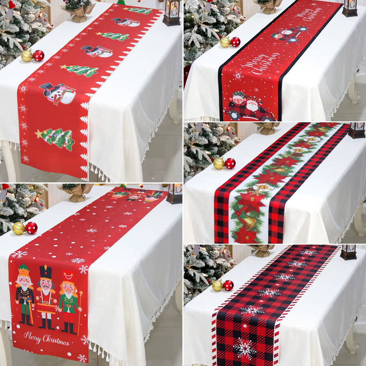 Christmas Table Runner Polyester Xmas Table Flag Cover 2024 Merry Christmas Decorations for Home 2025 New Year Tablecloth