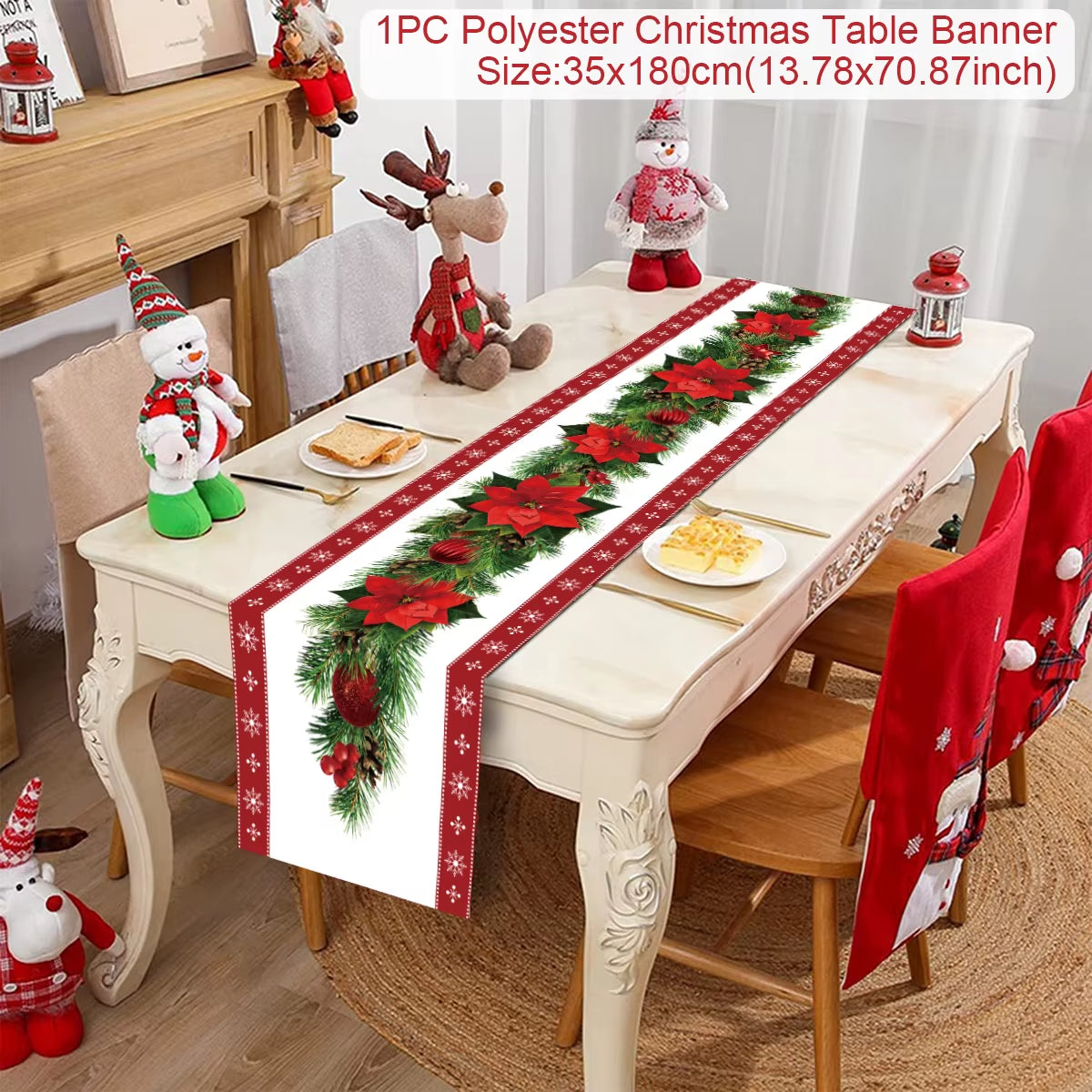 Christmas Table Runner Polyester Xmas Table Flag Cover 2024 Merry Christmas Decorations for Home 2025 New Year Tablecloth