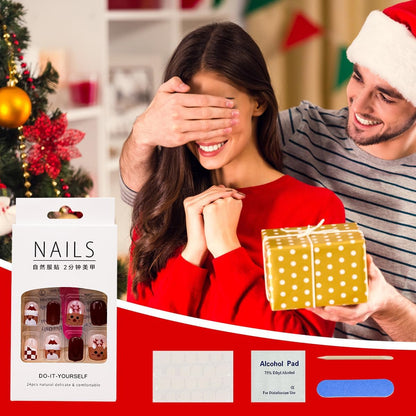 Christmas Press on Nails 24Pcs Xmas Short Pattern Elk Fake Nails with Design Full Cover False Nails Red Acrylic Nails for Women Girls