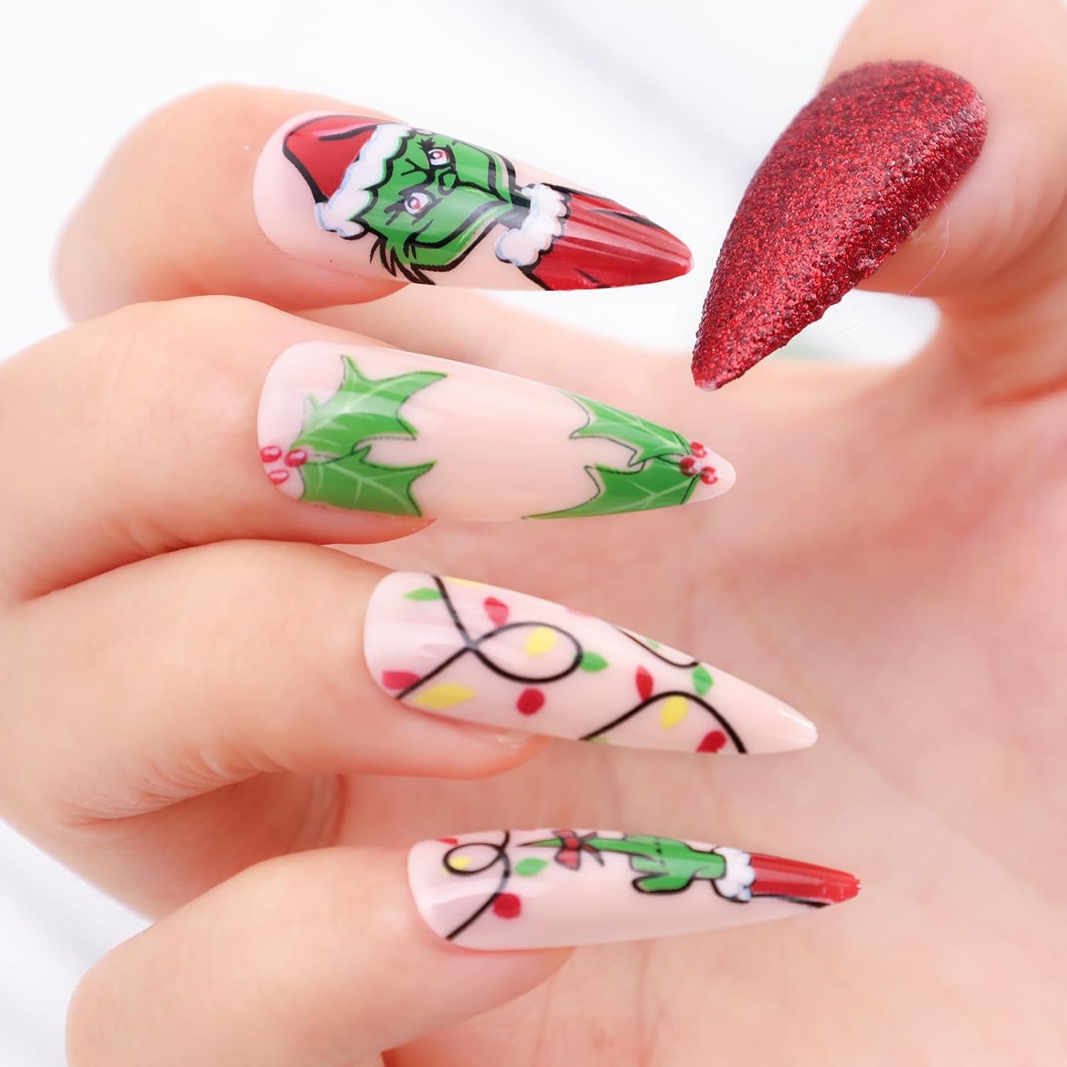 24Pcs Christmas Press on Nails French Tip Fake Nails Medium Full Cover French Manicure Xmas Nail Art DIY Autumn Winter Home Salon Party