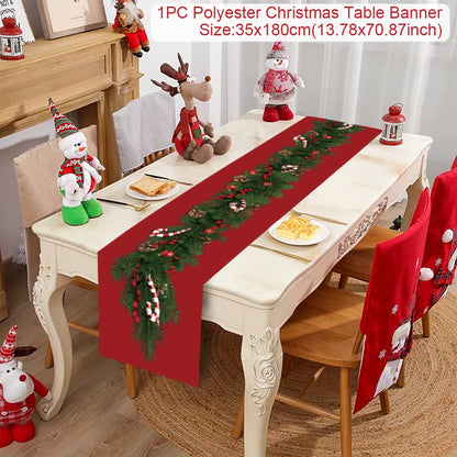 Christmas Table Runner Polyester Xmas Table Flag Cover 2024 Merry Christmas Decorations for Home 2025 New Year Tablecloth