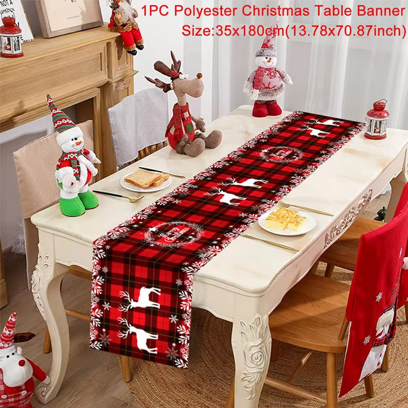 Christmas Table Runner Polyester Xmas Table Flag Cover 2024 Merry Christmas Decorations for Home 2025 New Year Tablecloth
