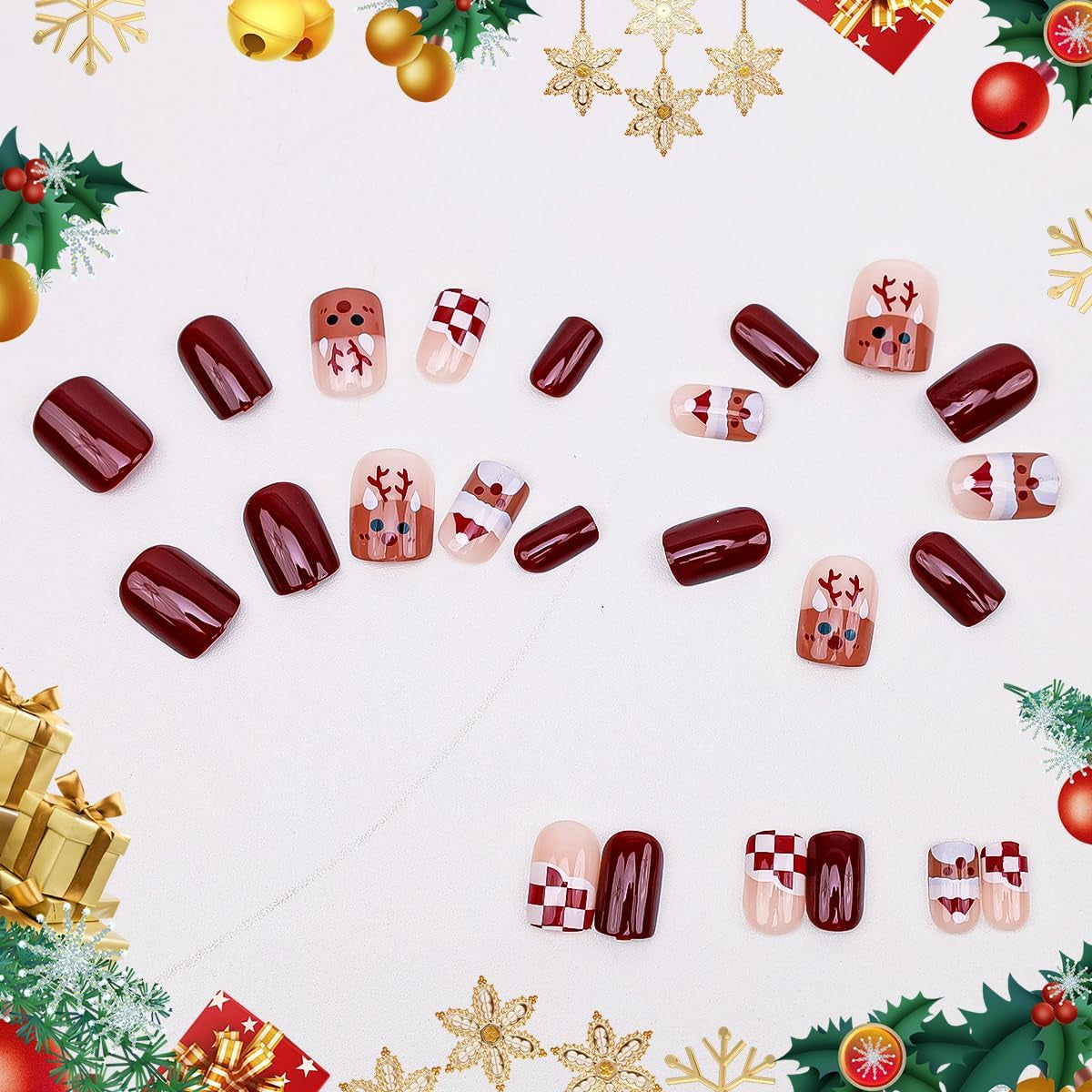 Christmas Press on Nails 24Pcs Xmas Short Pattern Elk Fake Nails with Design Full Cover False Nails Red Acrylic Nails for Women Girls