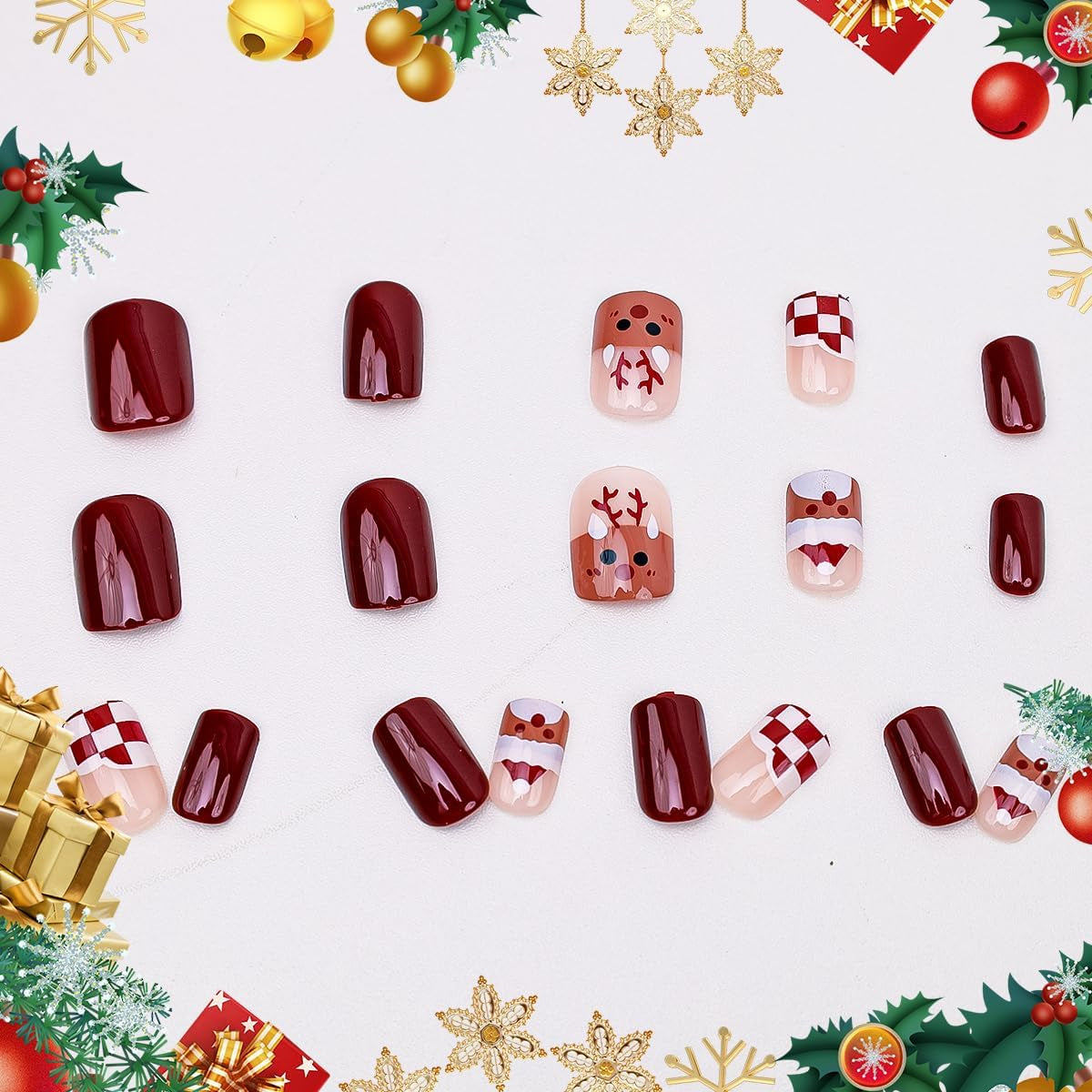 Christmas Press on Nails 24Pcs Xmas Short Pattern Elk Fake Nails with Design Full Cover False Nails Red Acrylic Nails for Women Girls